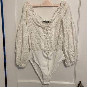 Shein White Lace Tie Front Bodysuit